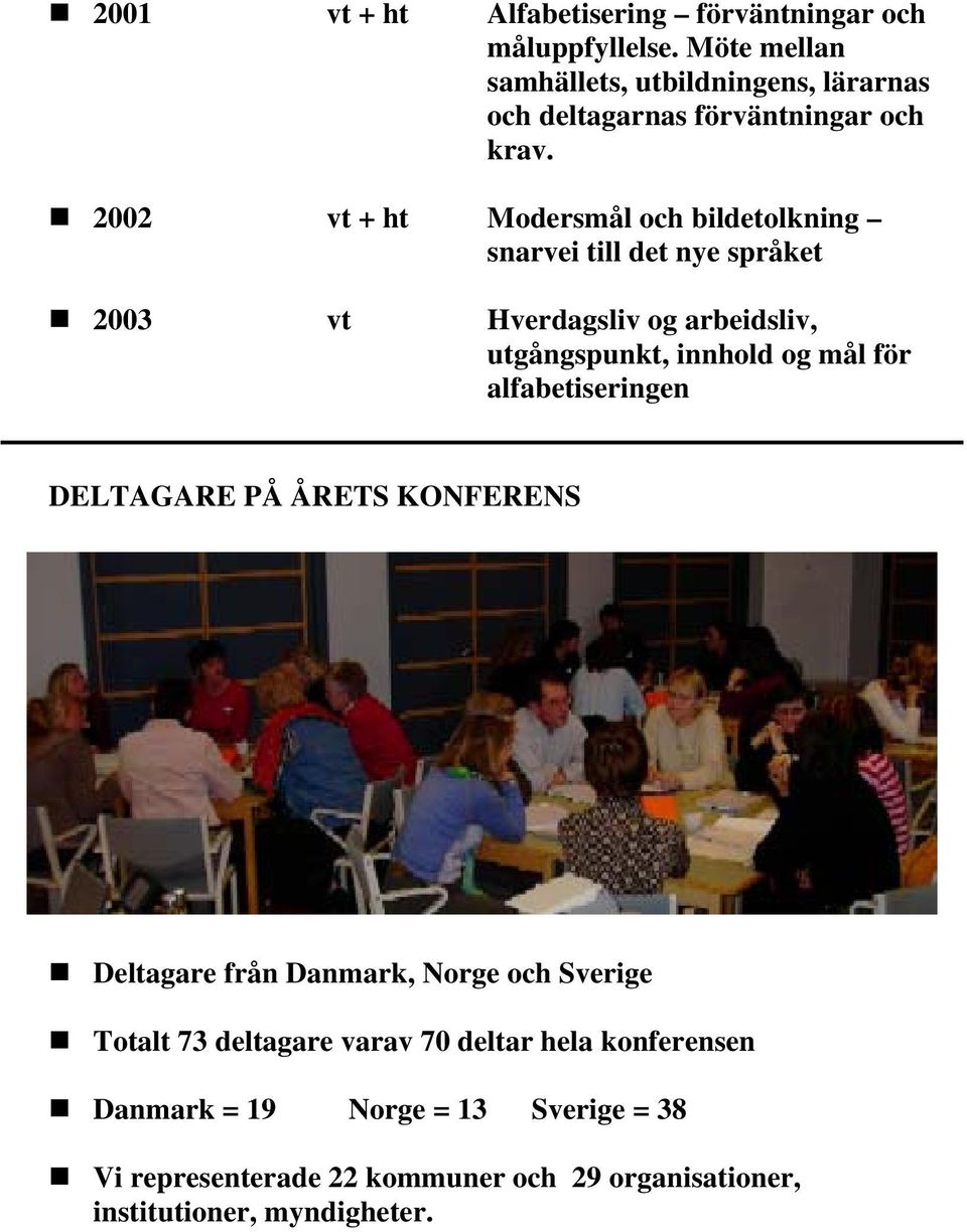 2002 vt + ht Modersmål och bildetolkning snarvei till det nye språket 2003 vt Hverdagsliv og arbeidsliv, utgångspunkt, innhold og mål