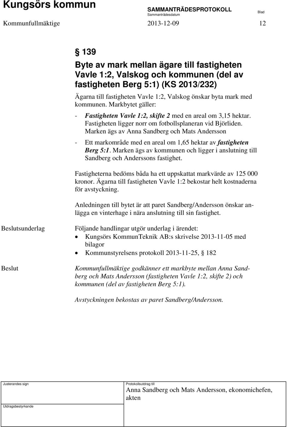 Marken ägs av Anna Sandberg och Mats Andersson - Ett markområde med en areal om 1,65 hektar av fastigheten Berg 5:1.