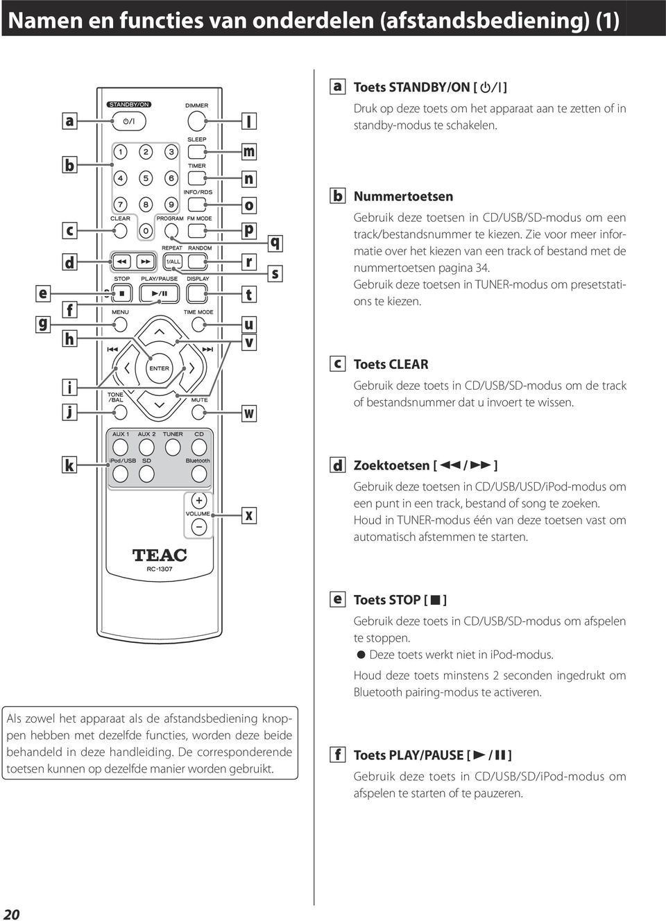 Zie voor meer informatie over het kiezen van een track of bestand met de nummertoetsen pagina 34. Gebruik deze toetsen in TUNER-modus om presetstations te kiezen.