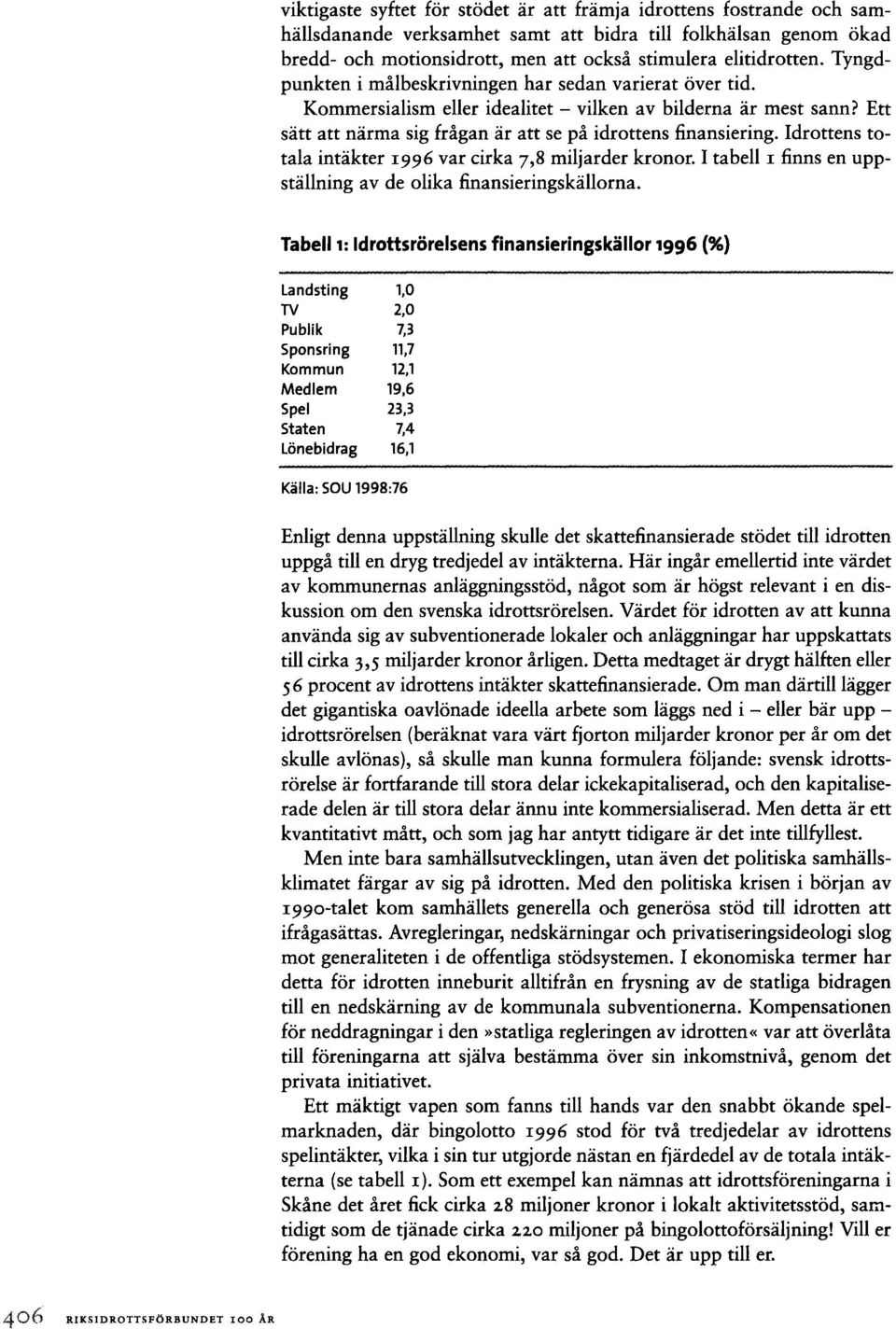 Idrottens totala intäkter 1996 var cirka 7,8 miljarder kronor. I tabell I finns en uppställning av de olika finansieringskällorna.