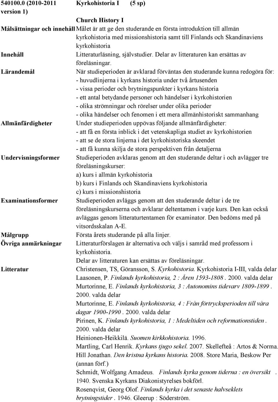och Skandinaviens kyrkohistoria Litteraturläsning, självstudier. Delar av litteraturen kan ersättas av föreläsningar.