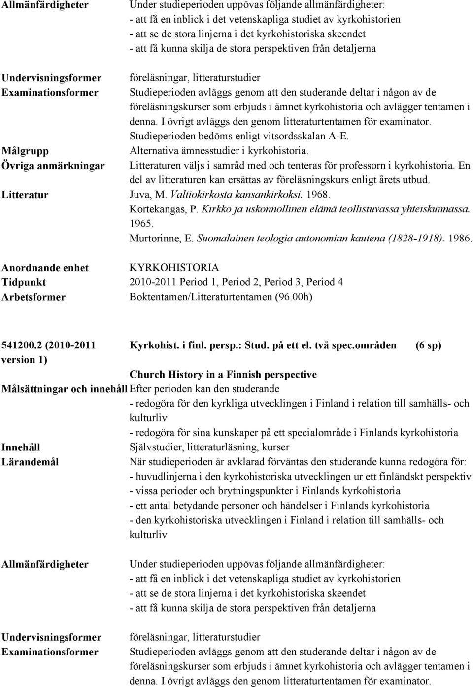 I övrigt avläggs den genom litteraturtentamen för examinator. Studieperioden bedöms enligt vitsordsskalan A-E. Alternativa ämnesstudier i kyrkohistoria.