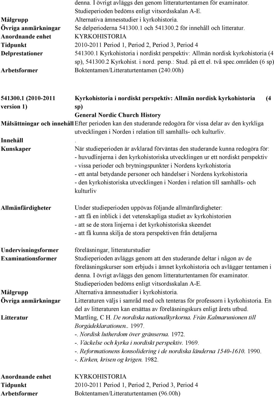 2 Kyrkohist. i nord. persp.: Stud. på ett el. två spec.områden (6 sp) Boktentamen/Litteraturtentamen (240.00h) 541300.
