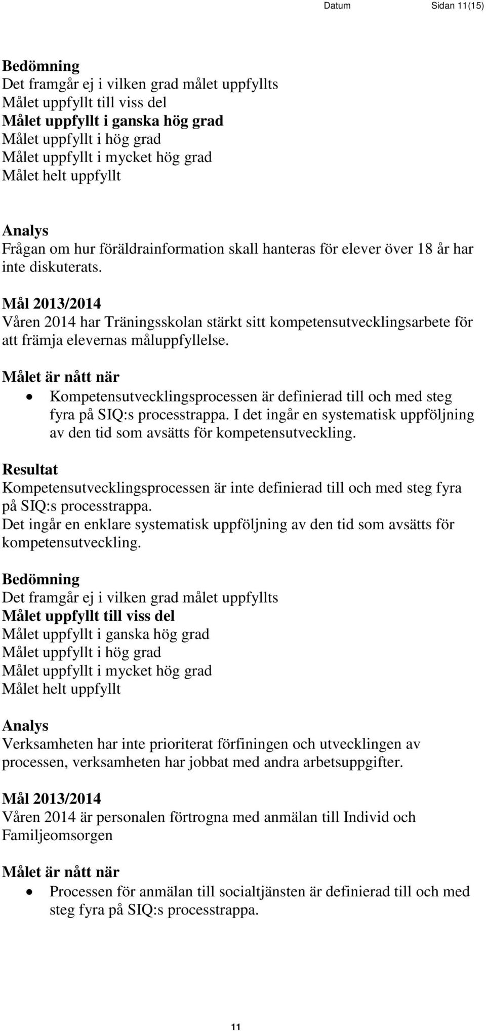 I det ingår en systematisk uppföljning av den tid som avsätts för kompetensutveckling. Kompetensutvecklingsprocessen är inte definierad till och med steg fyra på SIQ:s processtrappa.