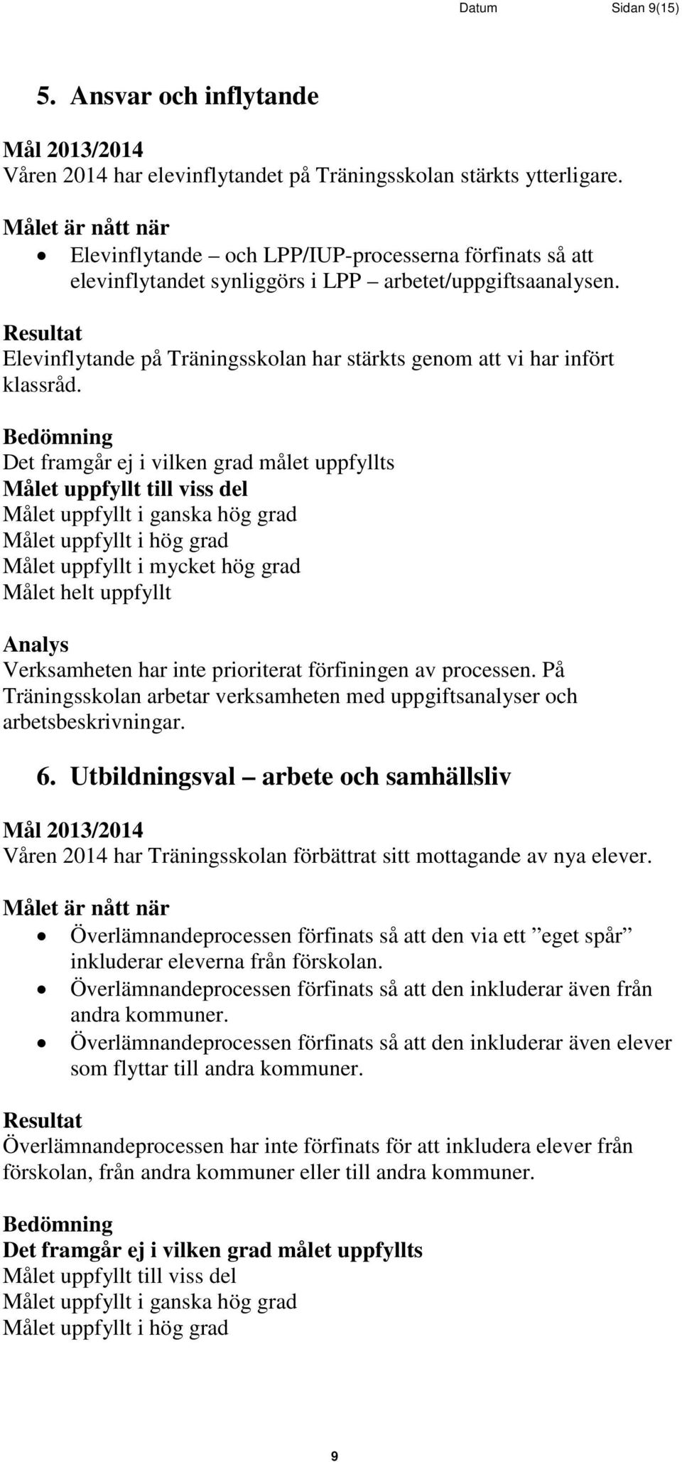 Verksamheten har inte prioriterat förfiningen av processen. På Träningsskolan arbetar verksamheten med uppgiftsanalyser och arbetsbeskrivningar. 6.