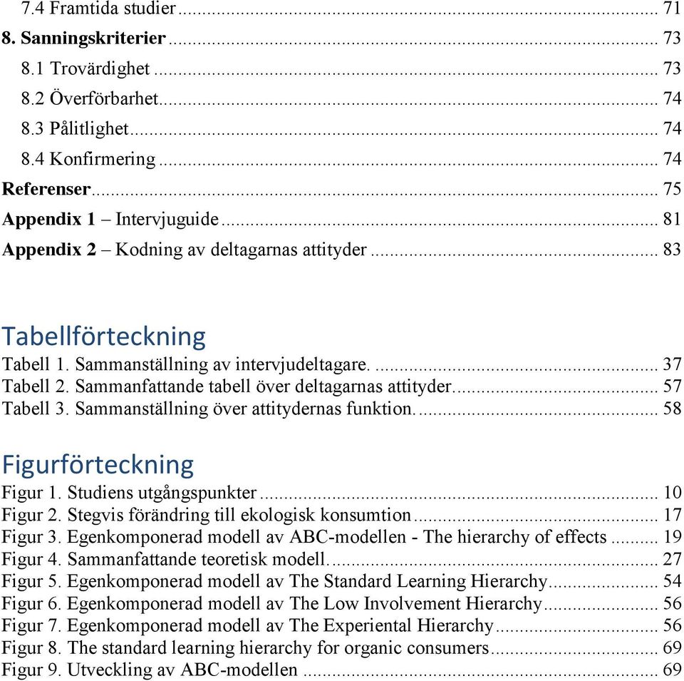 Sammanställning över attitydernas funktion.... 58 Figurförteckning Figur 1. Studiens utgångspunkter... 10 Figur 2. Stegvis förändring till ekologisk konsumtion... 17 Figur 3.