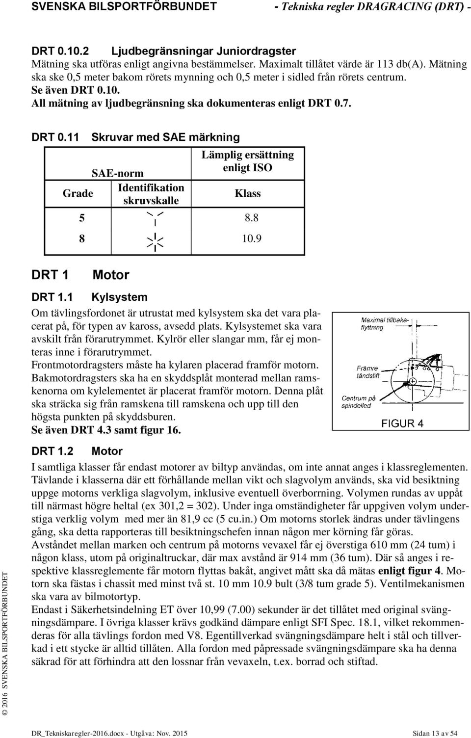10. All mätning av ljudbegränsning ska dokumenteras enligt DRT 0.7. DRT 0.11 Skruvar med SAE märkning SAE-norm Grade Identifikation skruvskalle Lämplig ersättning enligt ISO Klass 5 8.8 8 10.