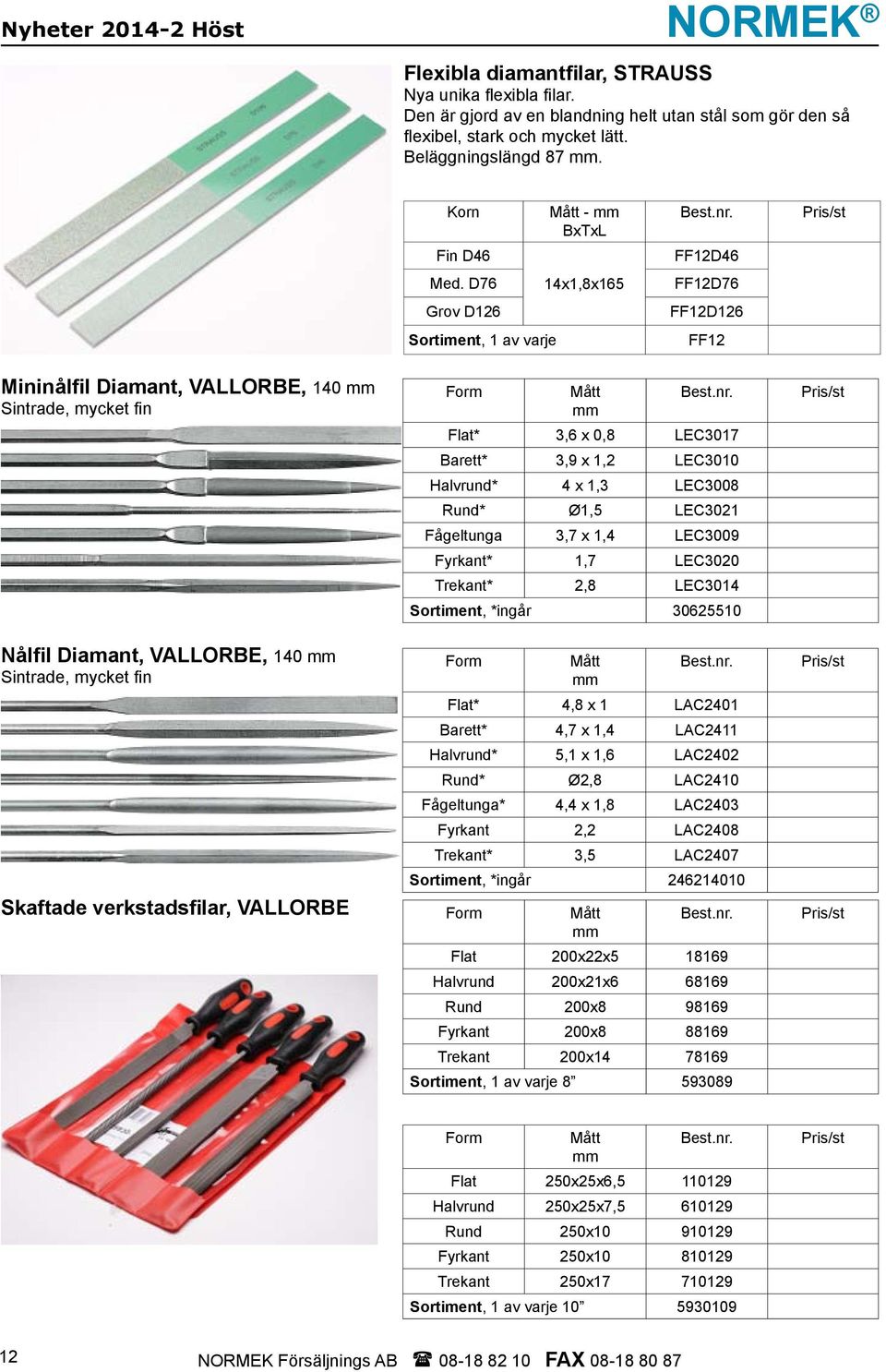 FF12D46 FF12D76 FF12D126 FF12 Pris/st Mininålfil Diamant, VALLORBE, 140 mm Sintrade, mycket fin Form Mått mm Best.nr.