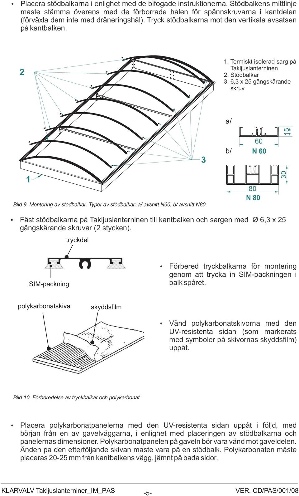 . Termiskt isolerad sarg på Takljuslanterninen. Stödbalkar., x gängskärande skruv a/ b/ Bild 9. Montering av stödbalkar.