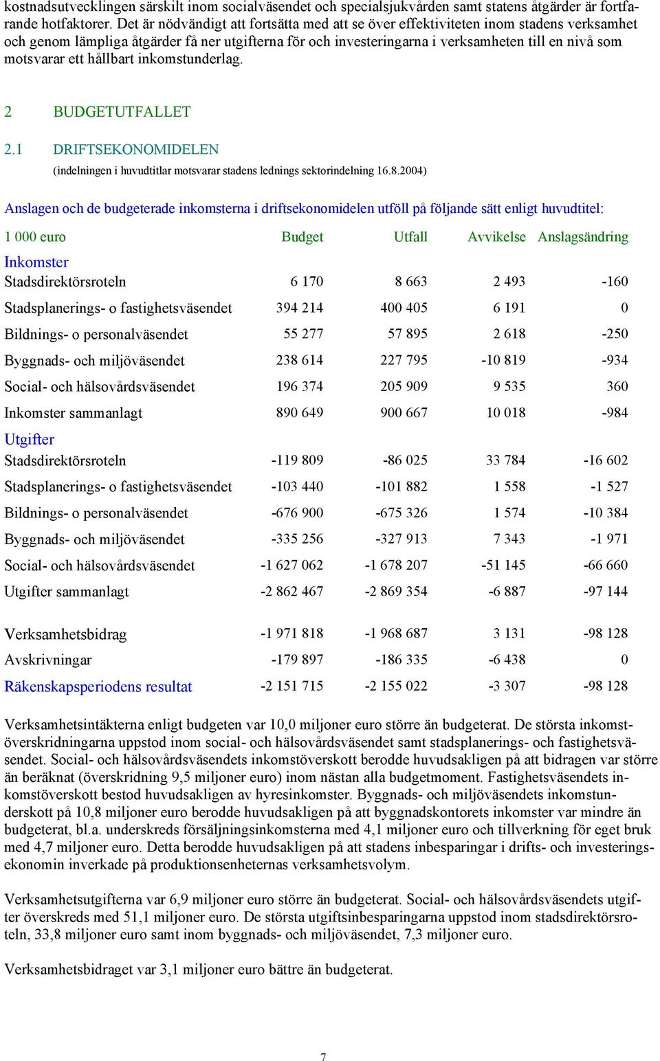 ett hållbart inkomstunderlag. 2 BUDGETUTFALLET 2.1 DRIFTSEKONOMIDELEN (indelningen i huvudtitlar motsvarar stadens lednings sektorindelning 16.8.