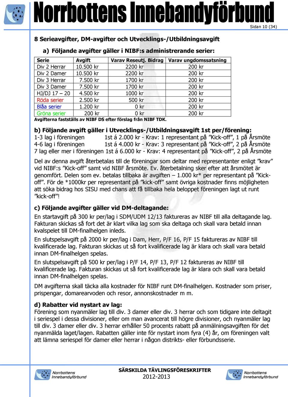 500 kr 1000 kr 200 kr Röda serier 2.500 kr 500 kr 200 kr Blåa serier 1.200 kr 0 kr 200 kr Gröna serier 200 kr 0 kr 200 kr Avgifterna fastställs av NIBF DS efter förslag från NIBF TDK.