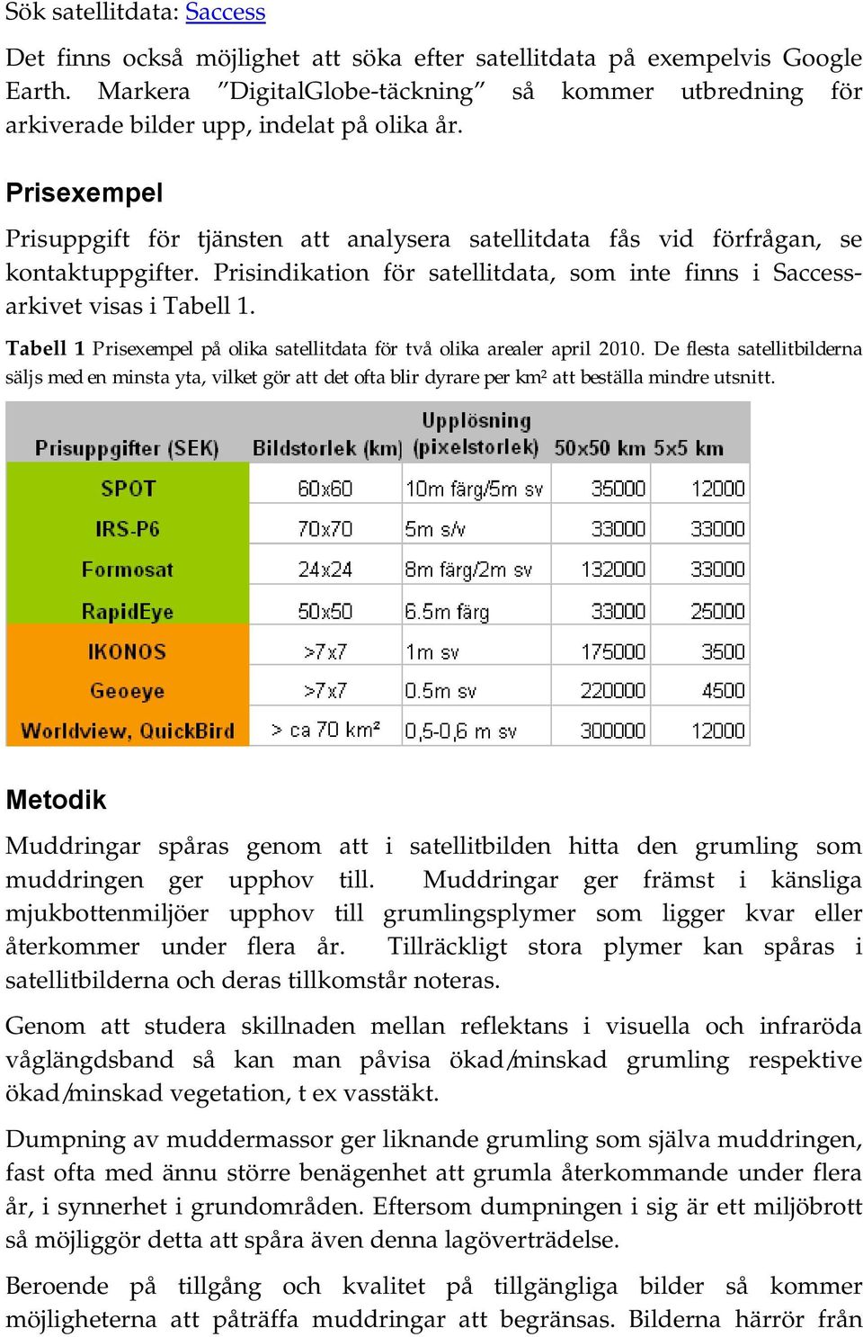 Prisexempel Prisuppgift för tjänsten att analysera satellitdata fås vid förfrågan, se kontaktuppgifter. Prisindikation för satellitdata, som inte finns i Saccessarkivet visas i Tabell 1.