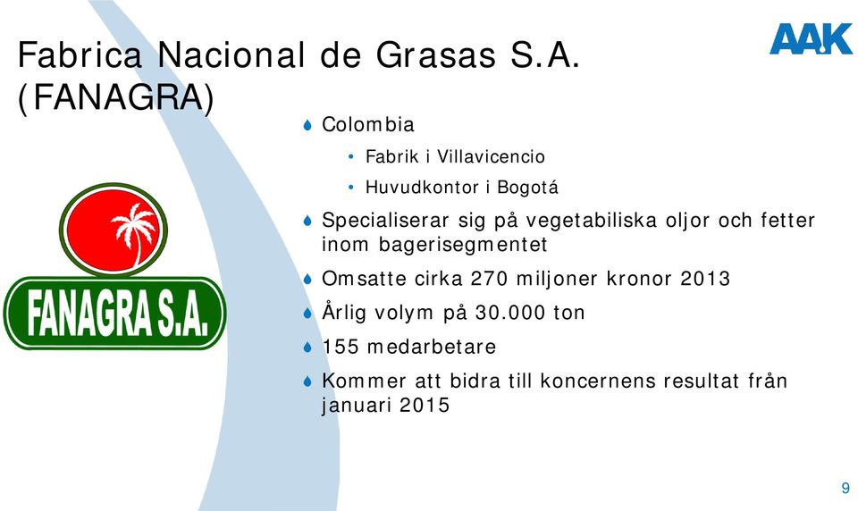 sig på vegetabiliska oljor och fetter inom bagerisegmentet Omsatte cirka 270