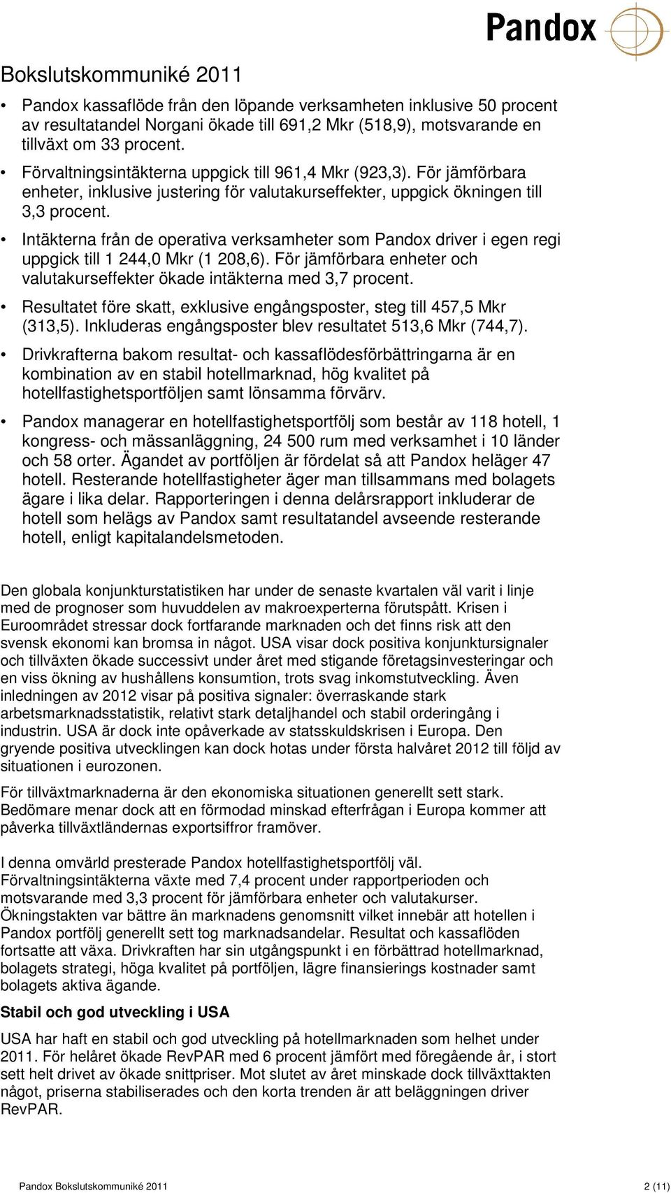 Intäkterna från de operativa verksamheter som Pandox driver i egen regi uppgick till 1 244,0 Mkr (1 208,6). För jämförbara enheter och valutakurseffekter ökade intäkterna med 3,7 procent.