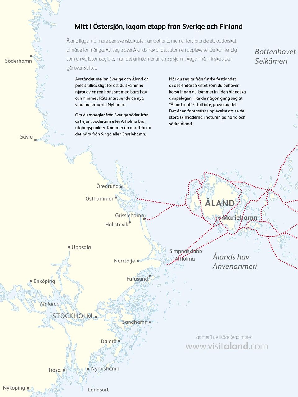 Avståndet mellan Sverige och Åland är precis tillräckligt för att du ska hinna njuta av en ren horisont med bara hav och himmel. Rätt snart ser du de nya vindmöllorna vid Nyhamn.