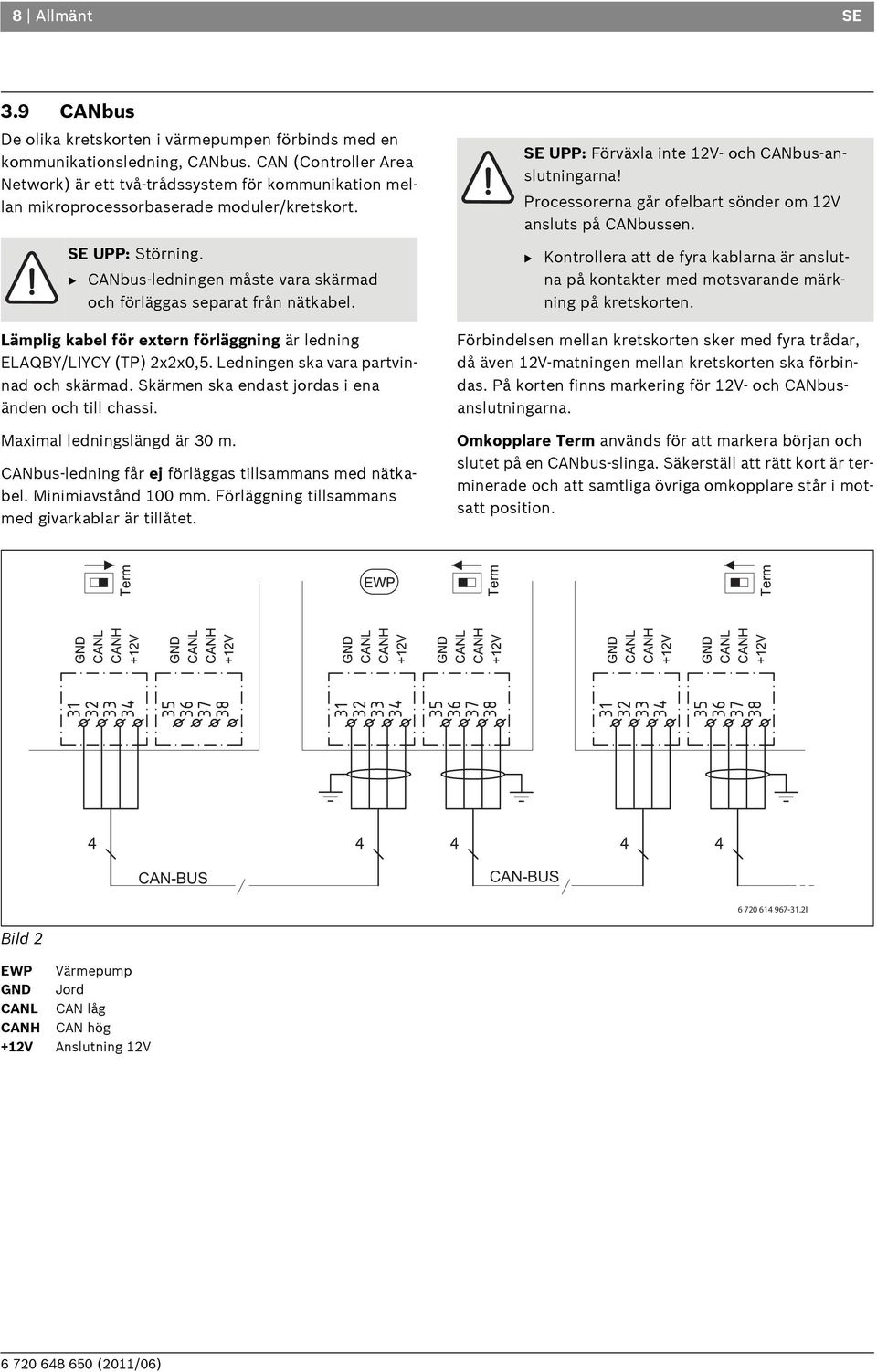 B CANbus-ledningen måste vara skärmad och förläggas separat från nätkabel. Lämplig kabel för extern förläggning är ledning ELAQBY/LIYCY (TP) 2x2x,5. Ledningen ska vara partvinnad och skärmad.