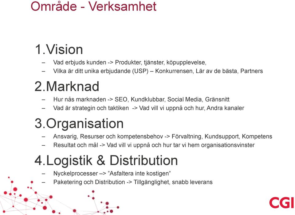 Marknad Hur nås marknaden -> SEO, Kundklubbar, Social Media, Gränsnitt Vad är strategin och taktiken -> Vad vill vi uppnå och hur, Andra kanaler 3.