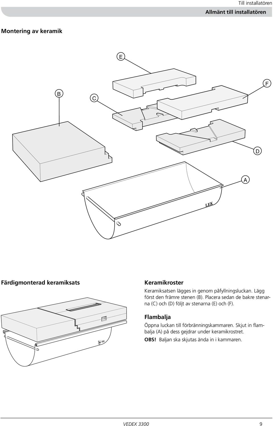 Placera sedan de bakre stenarna (C) och (D) följt av stenarna (E) och (F).