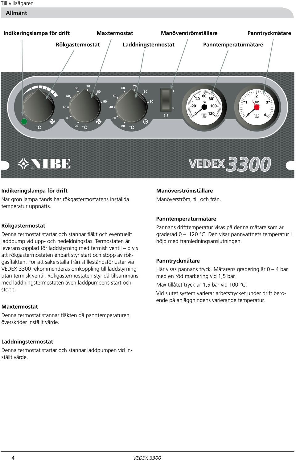 Rökgastermostat Denna termostat startar och stannar fläkt och eventuellt laddpump vid upp- och nedeldningsfas.