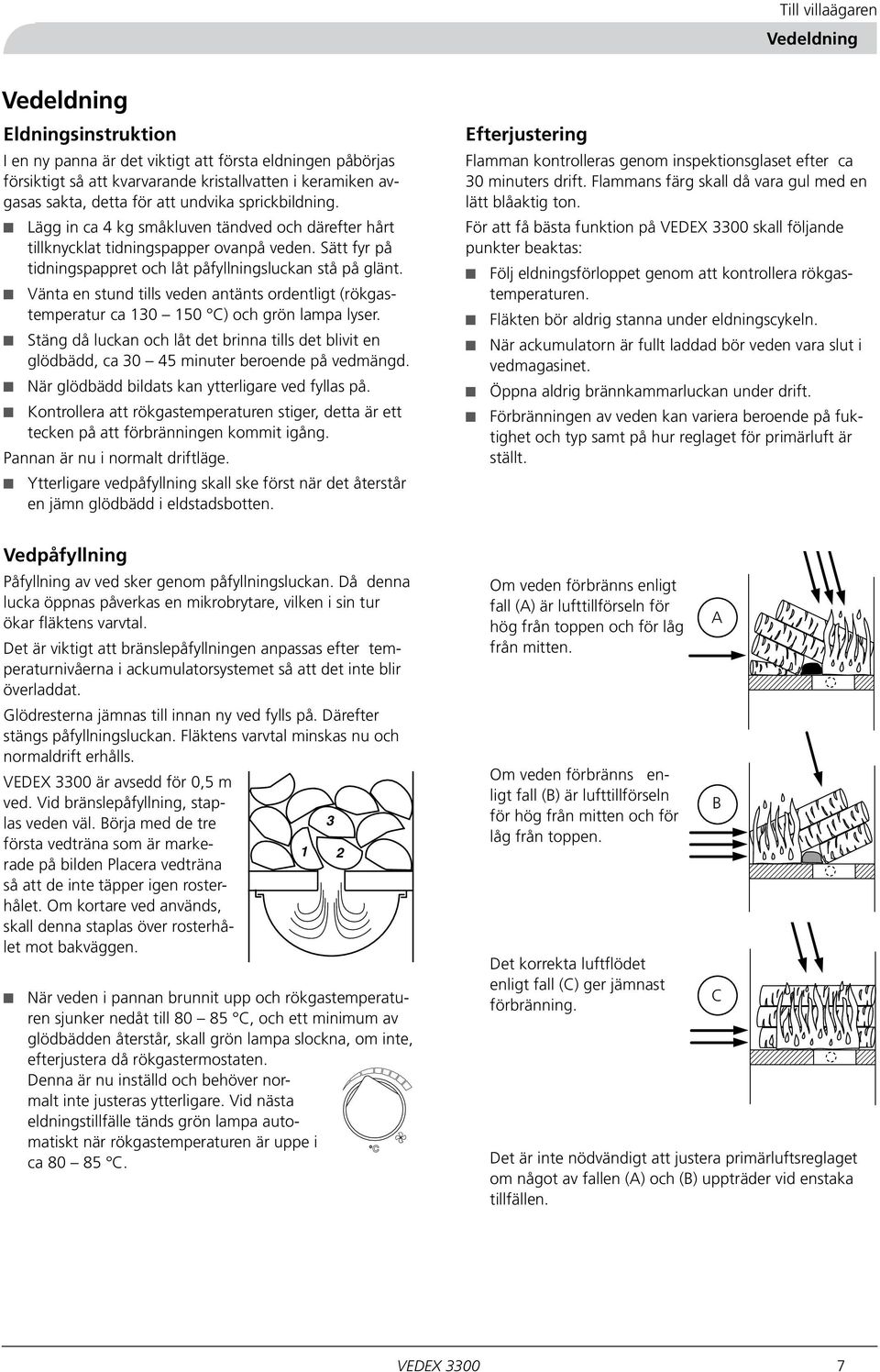 Vänta en stund tills veden antänts ordentligt (rökgastemperatur ca 130 150 C) och grön lampa lyser.