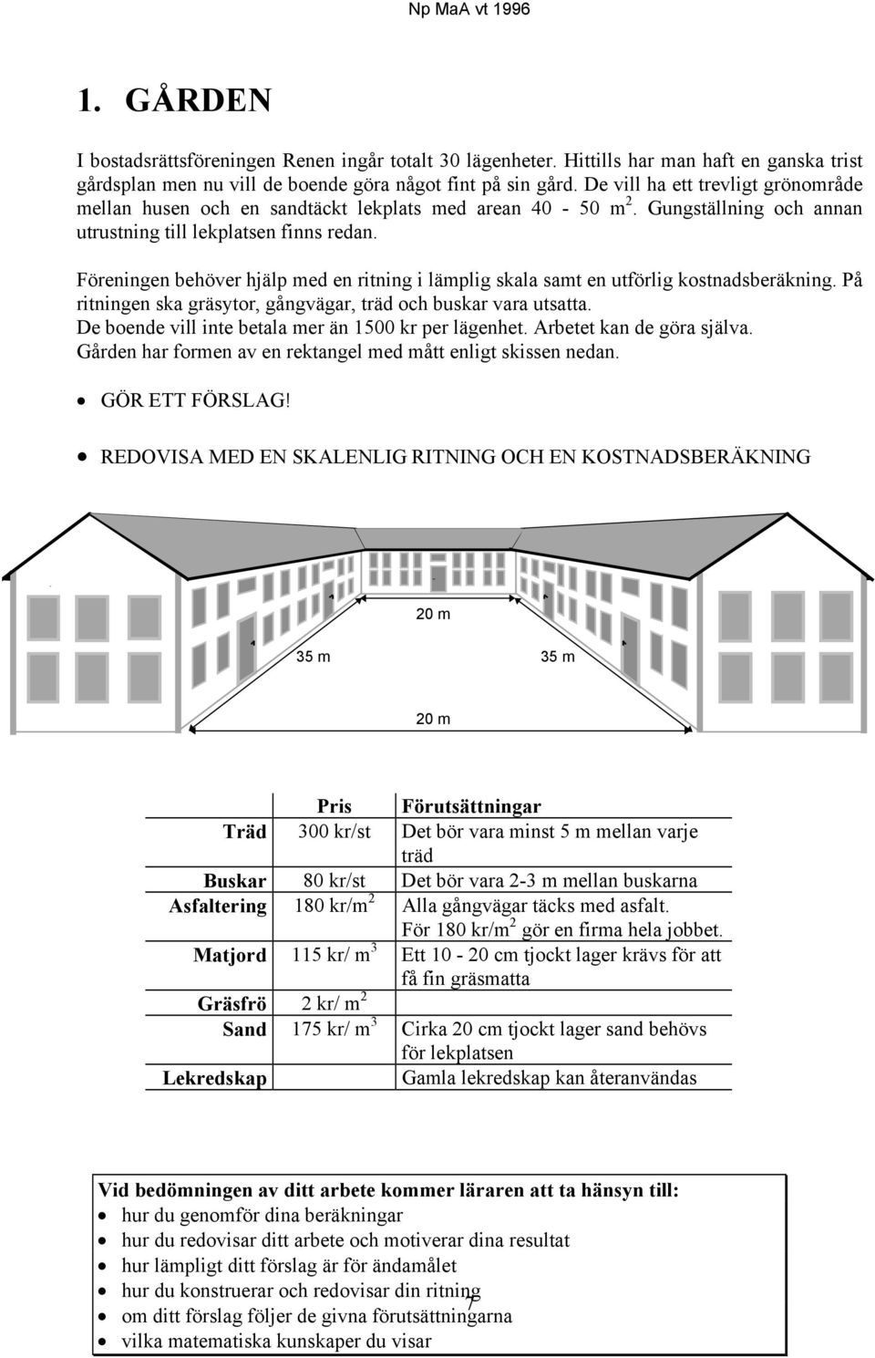 Föreningen behöver hjälp med en ritning i lämplig skala samt en utförlig kostnadsberäkning. På ritningen ska gräsytor, gångvägar, träd och buskar vara utsatta.