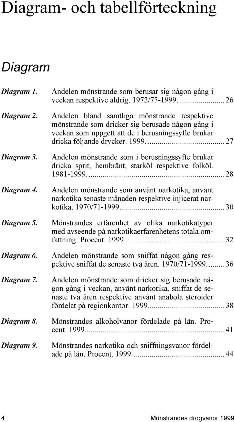 .. 26 Andelen bland samtliga mönstrande respektive mönstrande som dricker sig berusade någon gång i veckan som uppgett att de i berusningssyfte brukar dricka följande drycker. 1999.