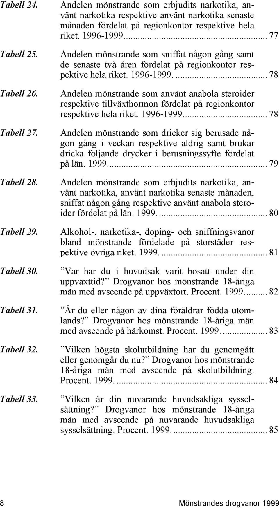 .. 77 Andelen mönstrande som sniffat någon gång samt de senaste två åren fördelat på regionkontor respektive hela riket. 1996-1999.