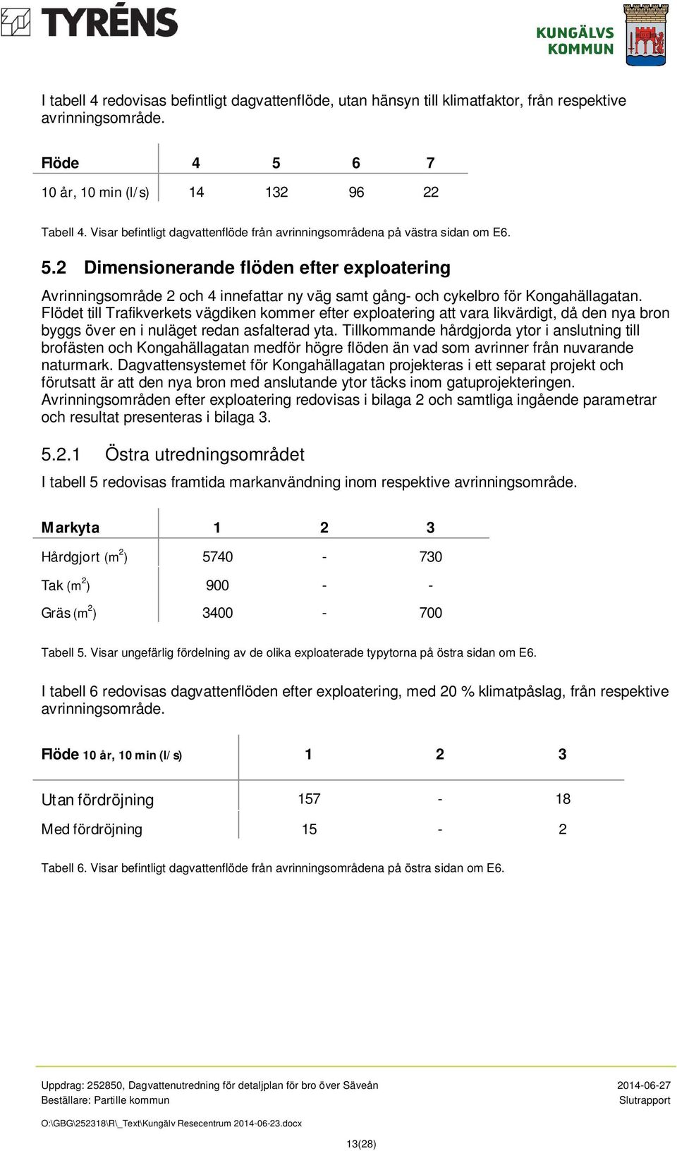 2 Dimensionerande flöden efter exploatering Avrinningsområde 2 och 4 innefattar ny väg samt gång- och cykelbro för Kongahällagatan.