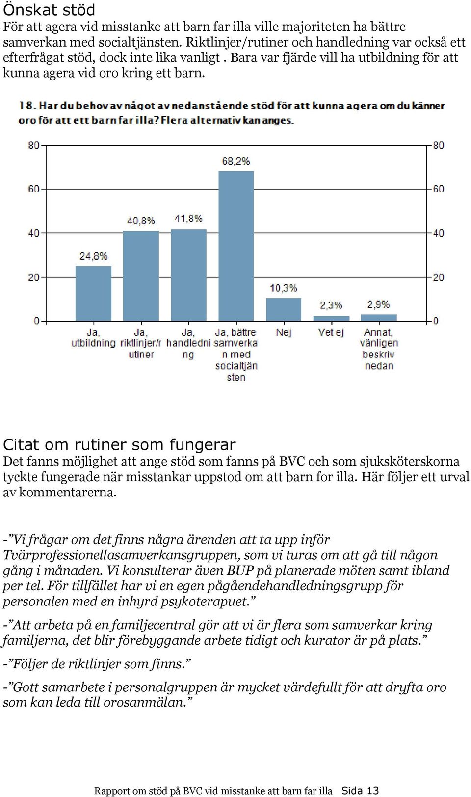 Citat om rutiner som fungerar Det fanns möjlighet att ange stöd som fanns på BVC och som sjuksköterskorna tyckte fungerade när misstankar uppstod om att barn for illa.