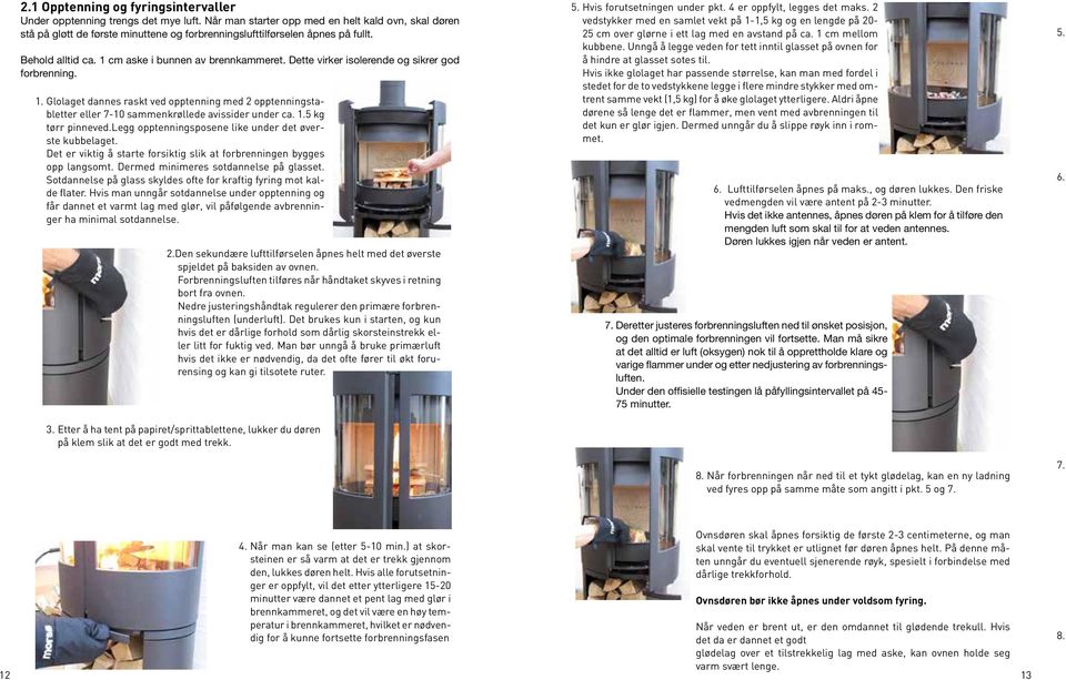 Dette virker isolerende og sikrer god forbrenning. 1. Glolaget dannes raskt ved opptenning med 2 opptenningstabletter eller 7-10 sammenkrøllede avissider under ca. 1.5 kg tørr pinneved.