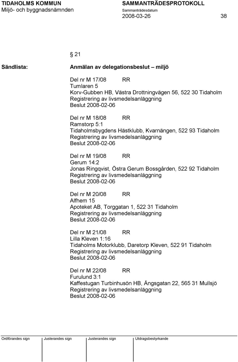 Östra Gerum Bossgården, 522 92 Tidaholm Registrering av livsmedelsanläggning Beslut 2008-02-06 Del nr M 20/08 RR Alfhem 15 Apoteket AB, Torggatan 1, 522 31 Tidaholm Registrering av