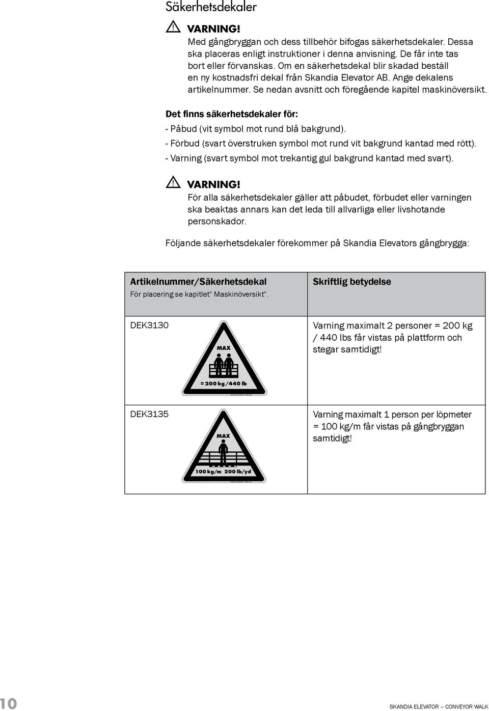 Se nedan avsnitt och föregående kapitel maskinöversikt. Det finns säkerhetsdekaler för: - Påbud (vit symbol mot rund blå bakgrund).