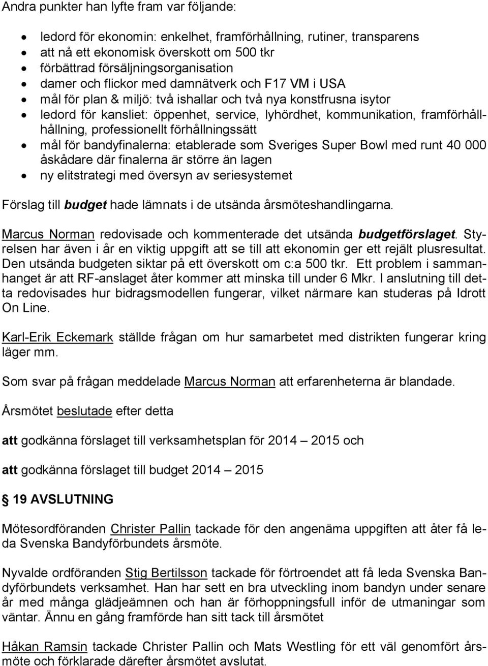 professionellt förhållningssätt mål för bandyfinalerna: etablerade som Sveriges Super Bowl med runt 40 000 åskådare där finalerna är större än lagen ny elitstrategi med översyn av seriesystemet