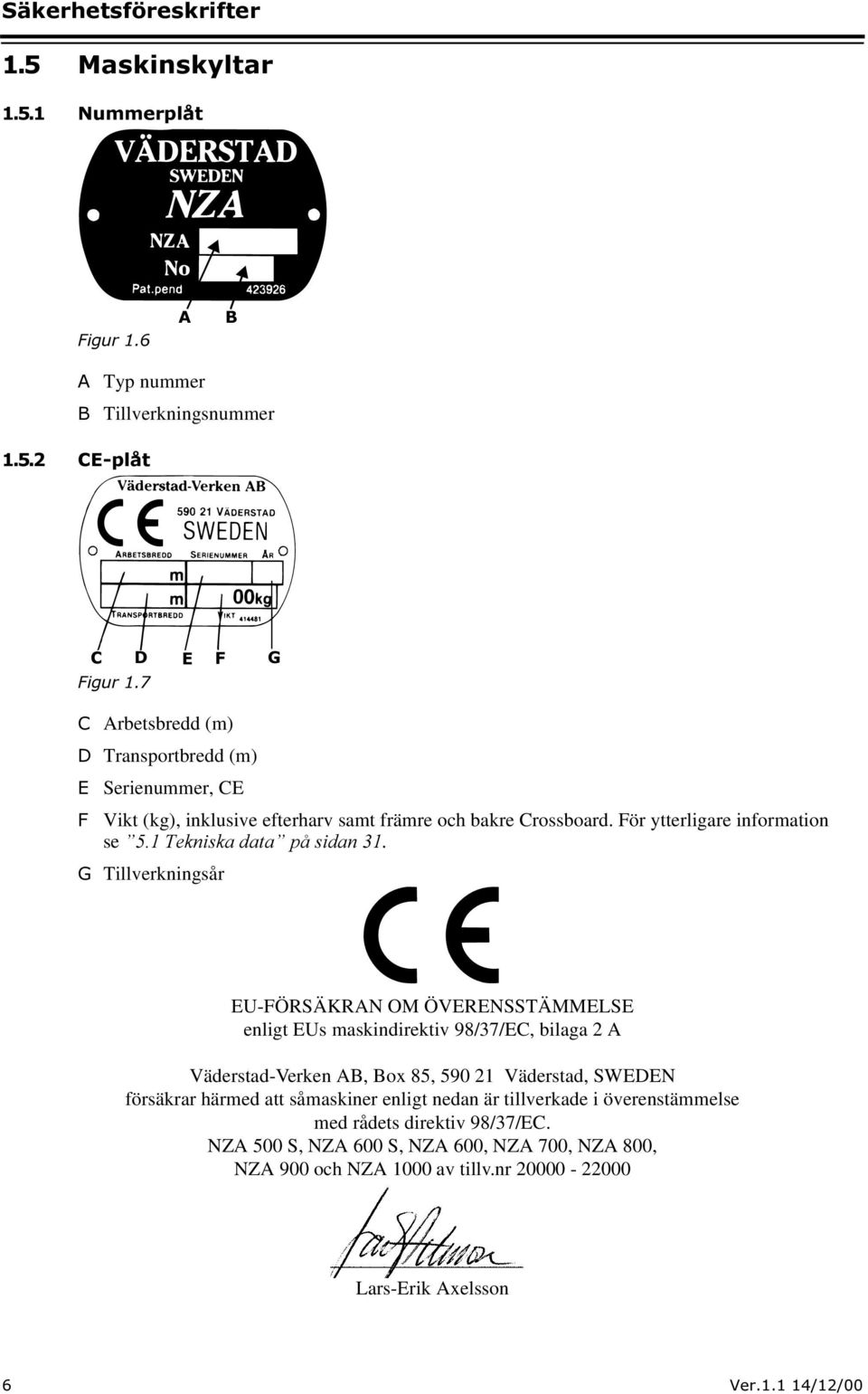 * Tillverkningsår EU-FÖRSÄKRAN OM ÖVERENSSTÄMMELSE enligt EUs maskindirektiv 98/37/EC, bilaga 2 A Väderstad-Verken AB, Box 85, 590 21 Väderstad, SWEDEN försäkrar