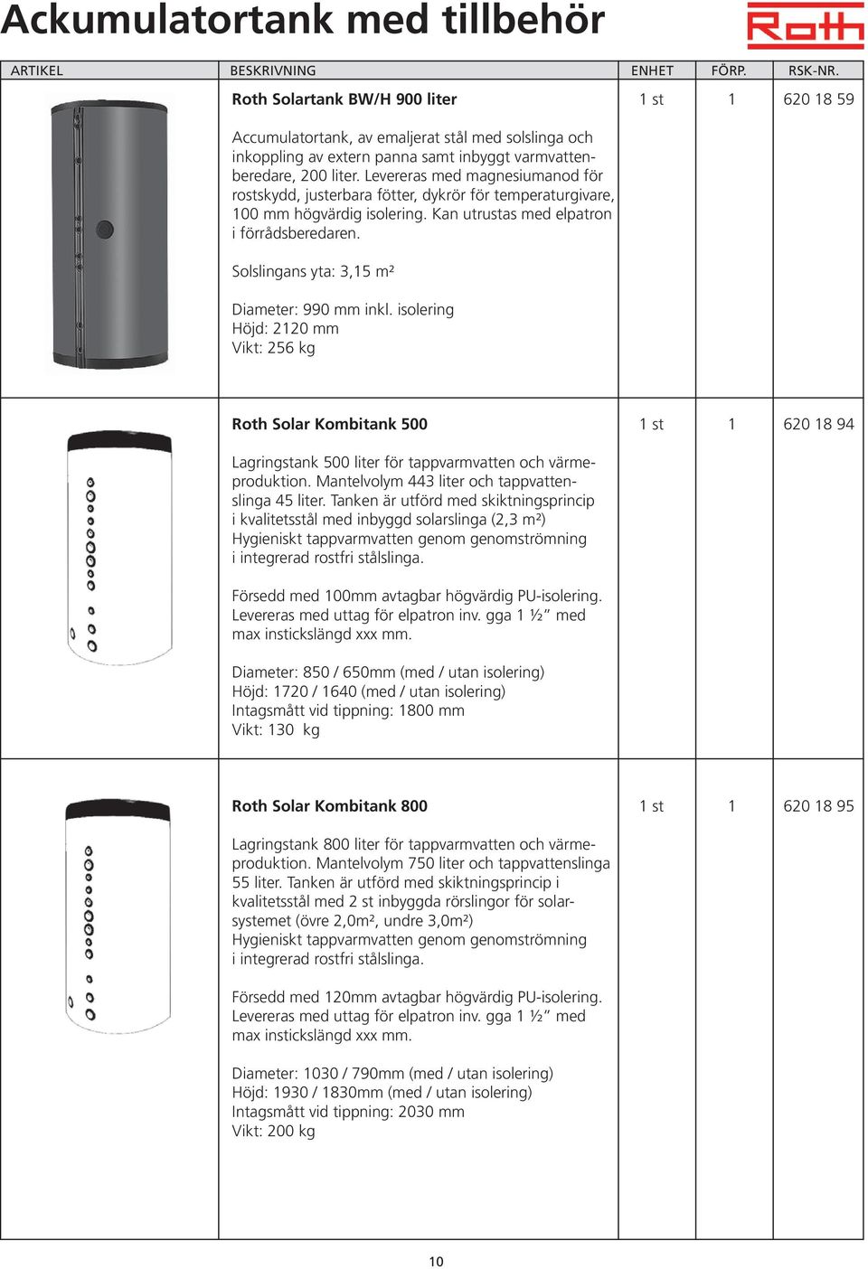 Solslingans yta: 3,15 m² Diameter: 990 mm inkl. isolering Höjd: 2120 mm Vikt: 256 kg Roth Solar Kombitank 500 1 st 1 620 18 94 Lagringstank 500 liter för tappvarmvatten och värmeproduktion.