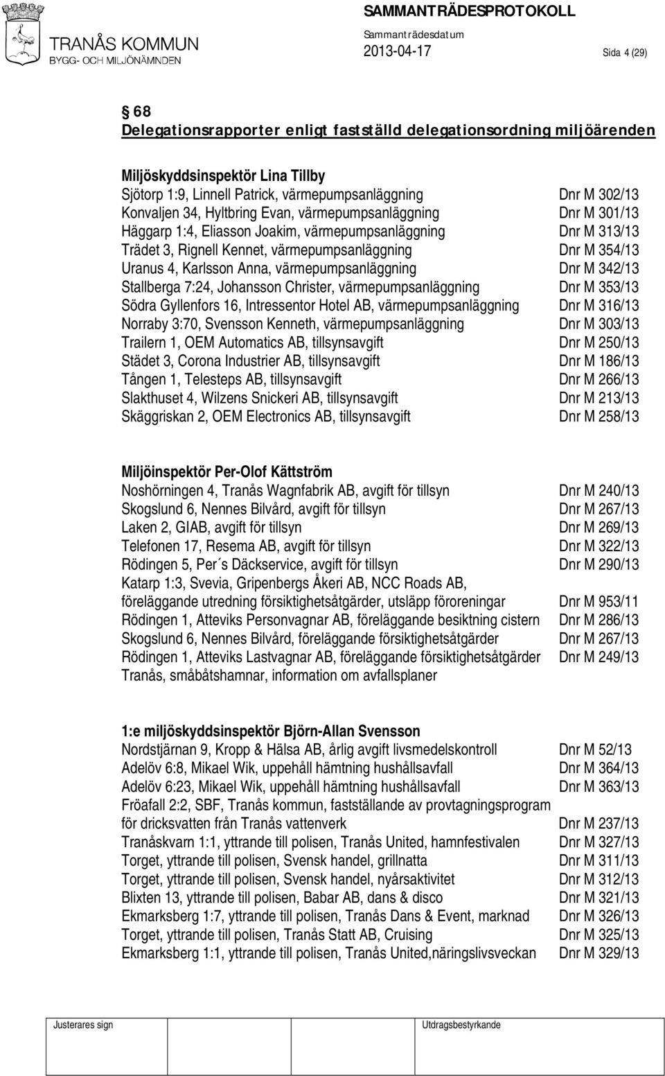 Karlsson Anna, värmepumpsanläggning Dnr M 342/13 Stallberga 7:24, Johansson Christer, värmepumpsanläggning Dnr M 353/13 Södra Gyllenfors 16, Intressentor Hotel AB, värmepumpsanläggning Dnr M 316/13