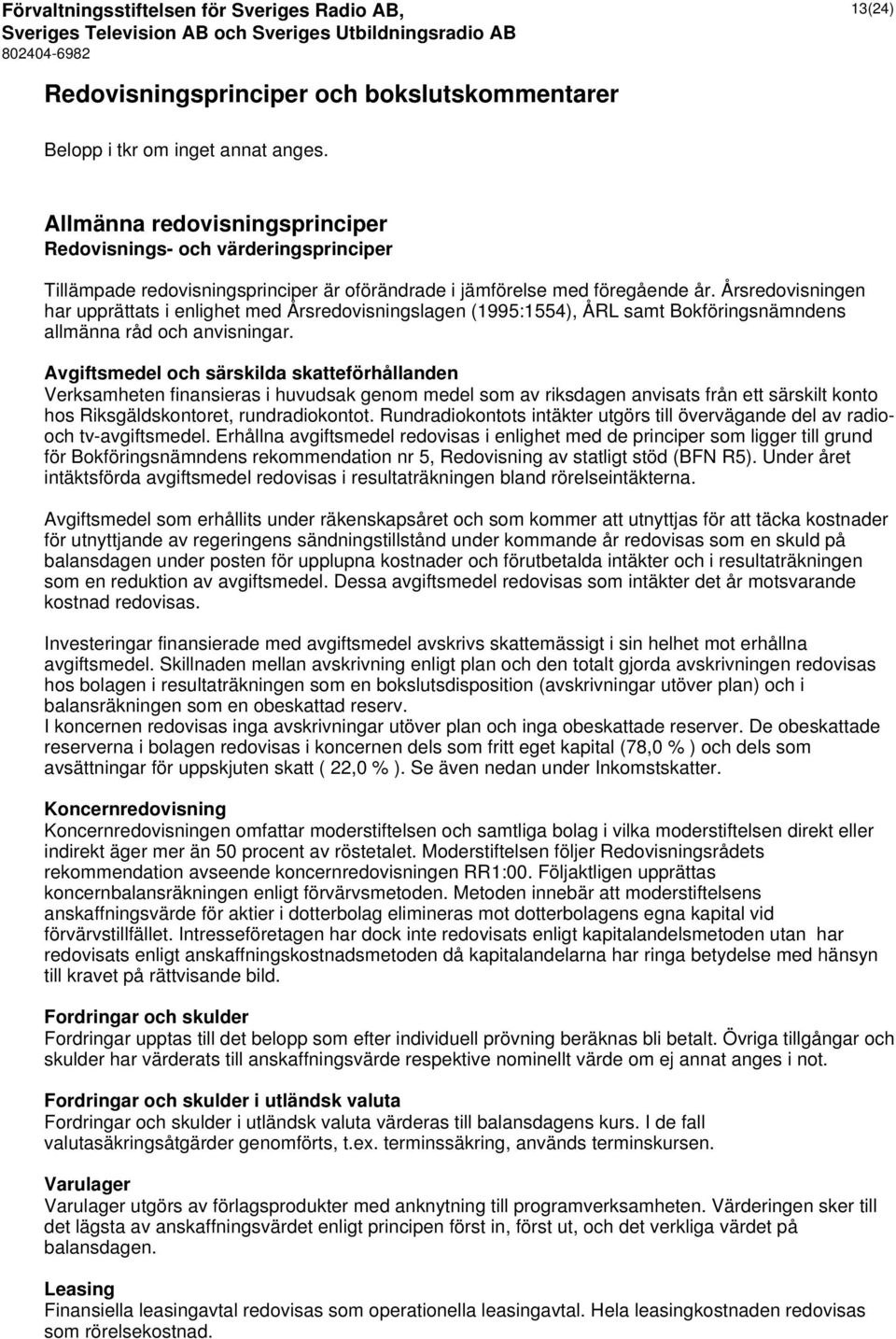 Årsredovisningen har upprättats i enlighet med Årsredovisningslagen (1995:1554), ÅRL samt Bokföringsnämndens allmänna råd och anvisningar.