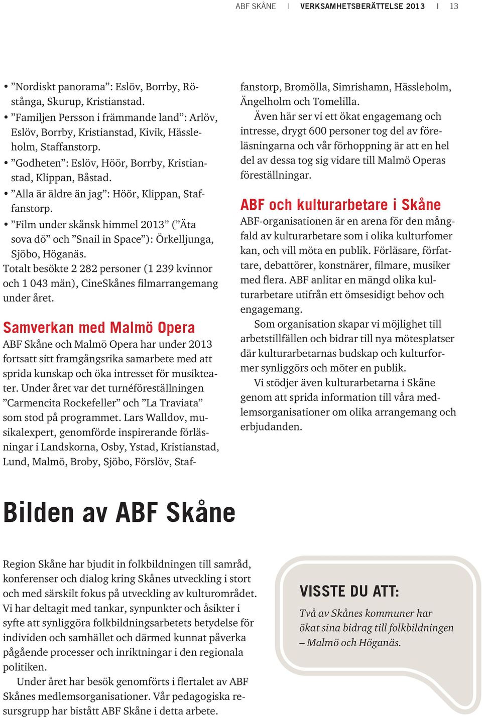 Alla är äldre än jag : Höör, Klippan, Staffanstorp. Film under skånsk himmel 2013 ( Äta sova dö och Snail in Space ): Örkelljunga, Sjöbo, Höganäs.