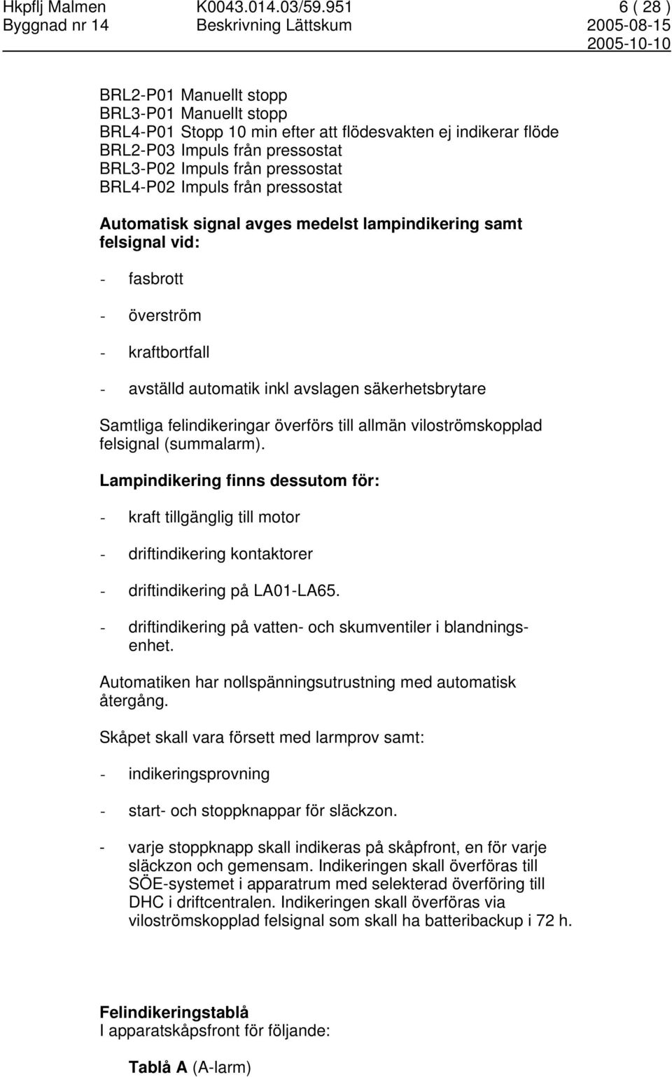 Impuls från pressostat Automatisk signal avges medelst lampindikering samt felsignal vid: - fasbrott - överström - kraftbortfall - avställd automatik inkl avslagen säkerhetsbrytare Samtliga