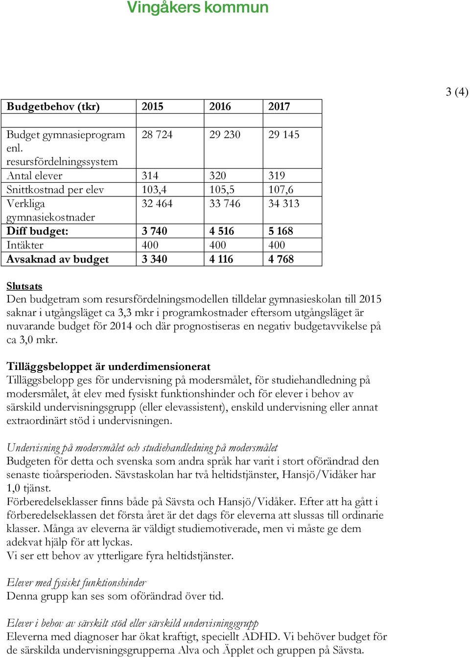 av budget 3 340 4 116 4 768 Slutsats Den budgetram som resursfördelningsmodellen tilldelar gymnasieskolan till 2015 saknar i utgångsläget ca 3,3 mkr i programkostnader eftersom utgångsläget är