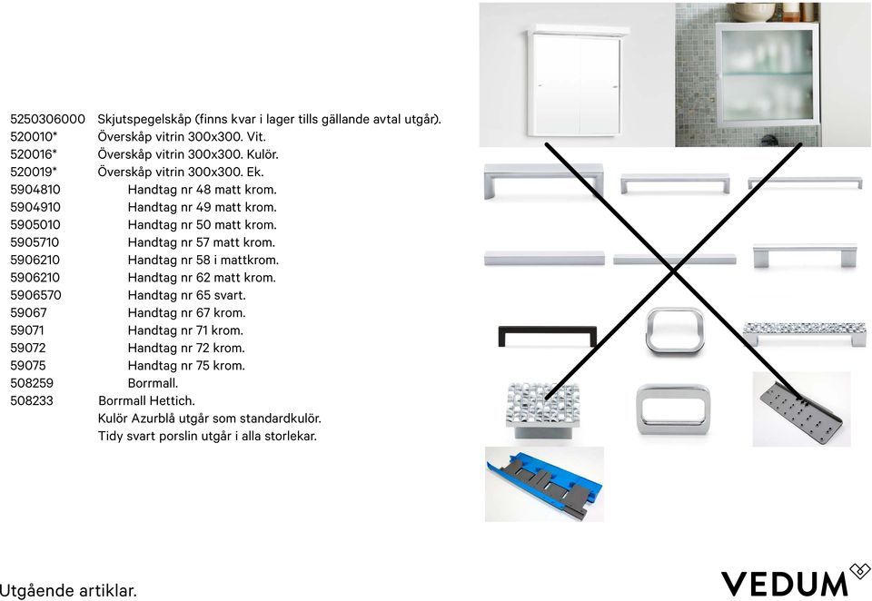 5905710 Handtag nr 57 matt krom. 5906210 Handtag nr 58 i mattkrom. 5906210 Handtag nr 62 matt krom. 5906570 Handtag nr 65 svart. 59067 Handtag nr 67 krom.