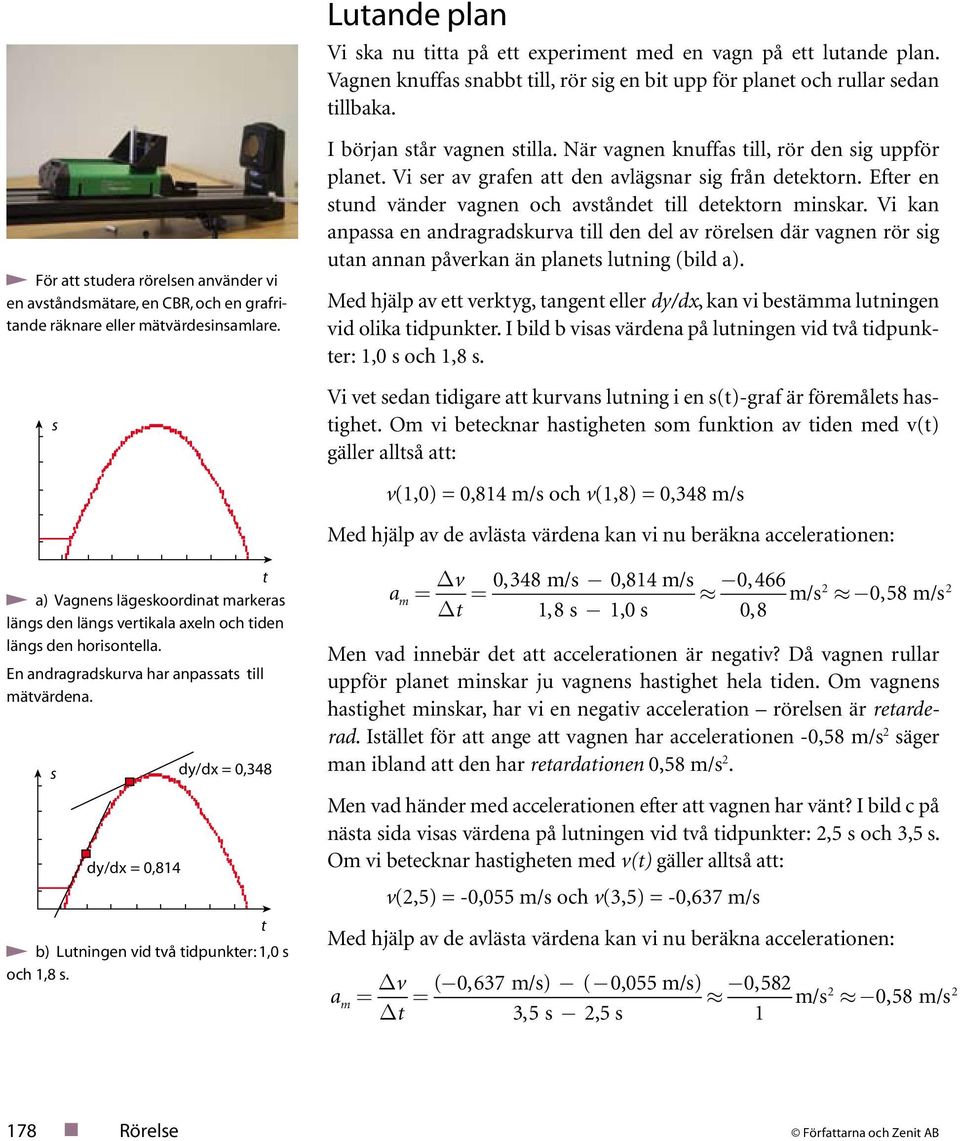 s dy/dx = 0,84 dy/dx = 0,348 b) Luningen id å idpunker:,0 s och,8 s. Luande plan Vi ska nu ia på e experimen med en agn på e luande plan.