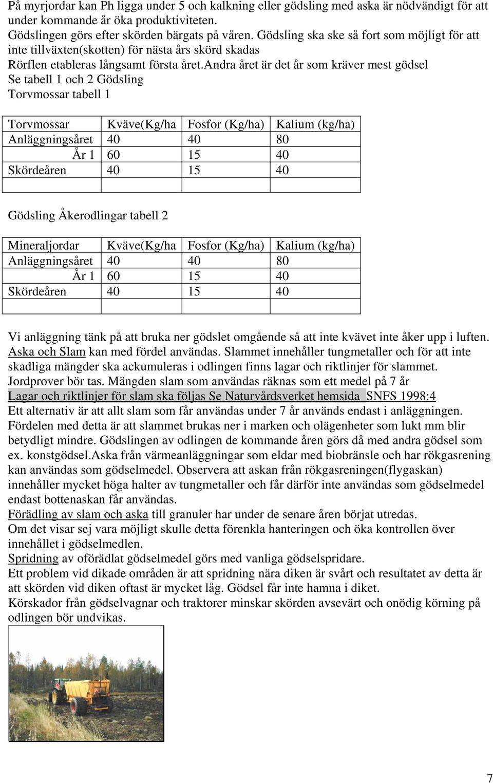 andra året är det år som kräver mest gödsel Se tabell 1 och 2 Gödsling Torvmossar tabell 1 Torvmossar Kväve(Kg/ha Fosfor (Kg/ha) Kalium (kg/ha) Anläggningsåret 40 40 80 År 1 60 15 40 Skördeåren 40 15