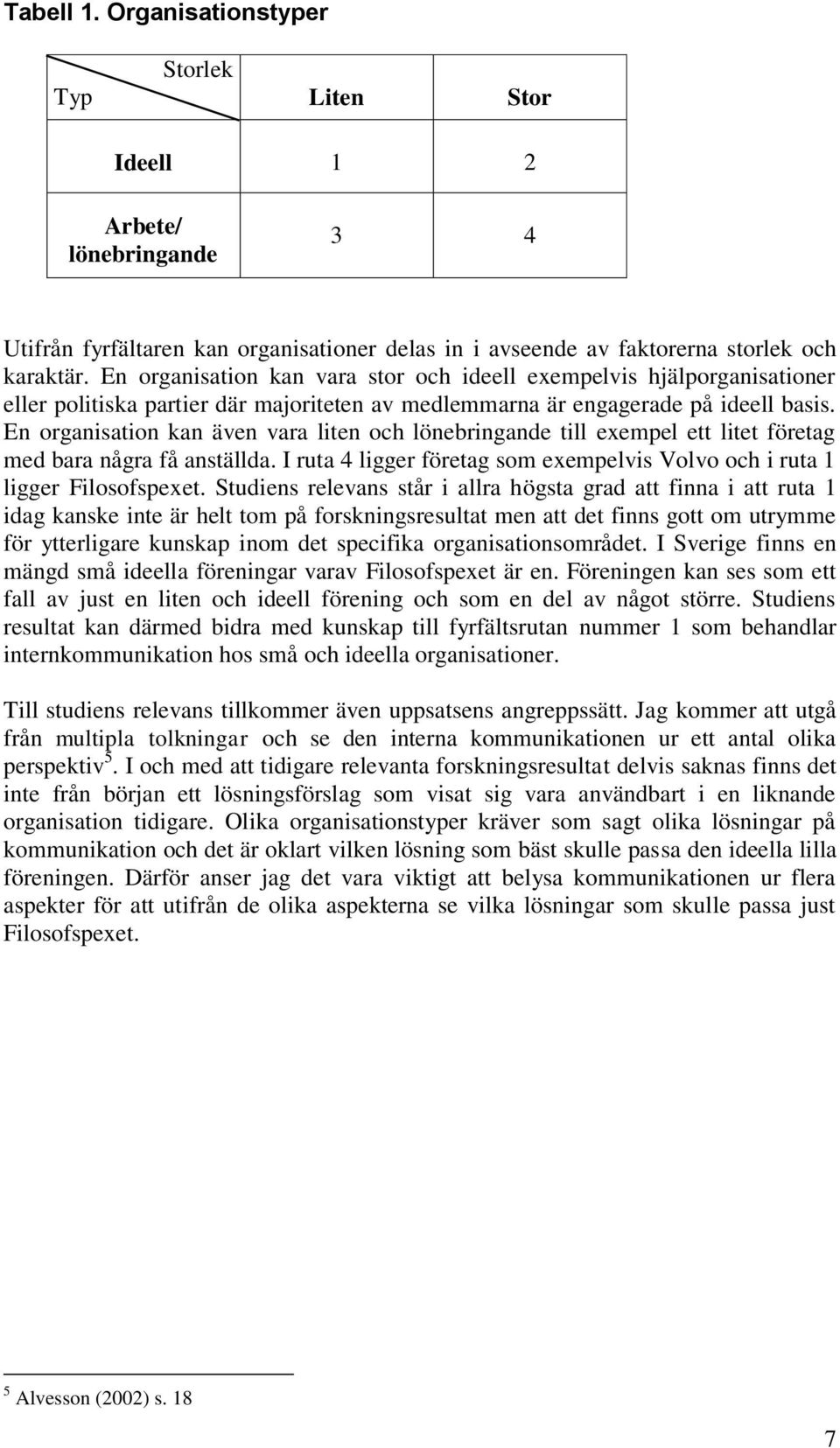 En organisation kan även vara liten och lönebringande till exempel ett litet företag med bara några få anställda. I ruta 4 ligger företag som exempelvis Volvo och i ruta 1 ligger Filosofspexet.