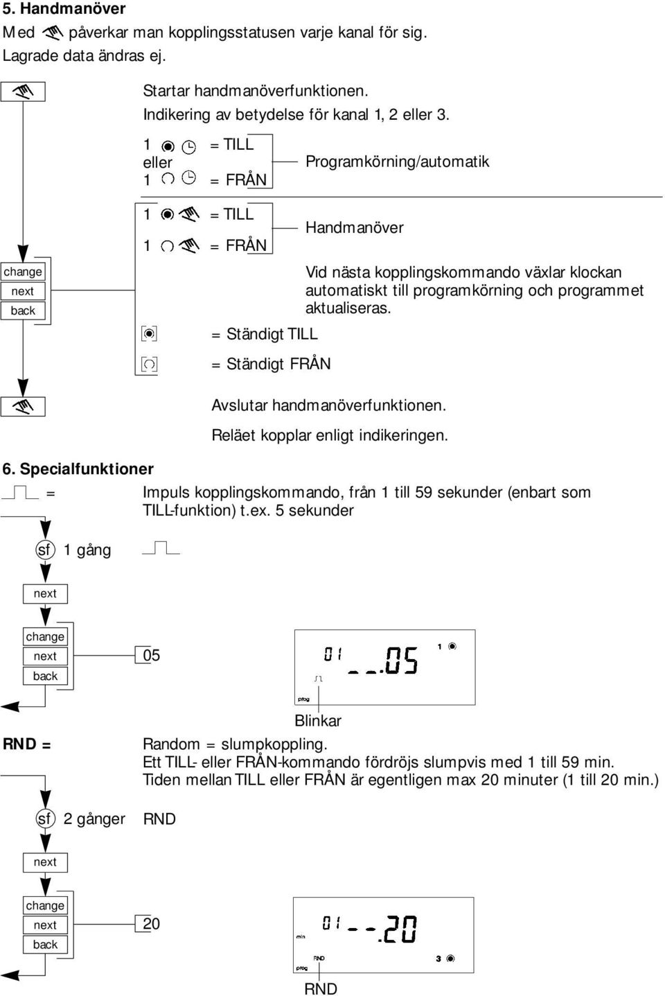 = Ständigt TILL = Ständigt FRÅN Avslutar handmanöverfunktionen. Reläet kopplar enligt indikeringen. 6.