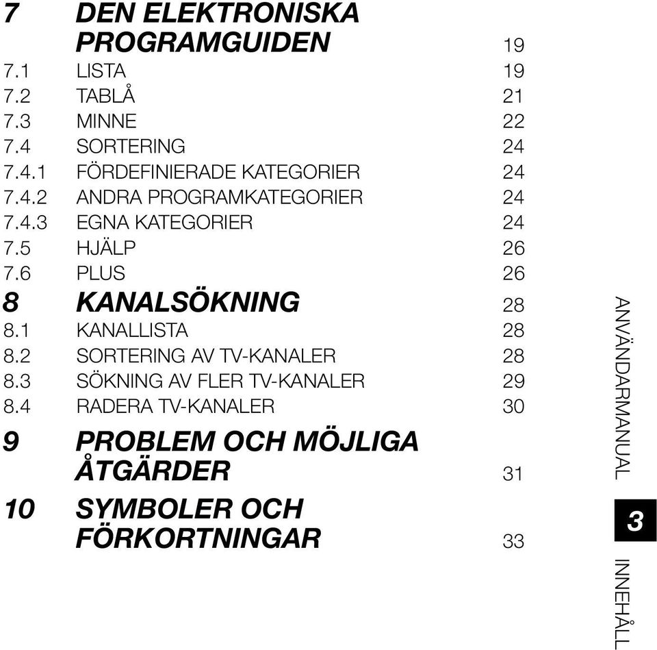 5 HJÄLP 26 7.6 PLUS 26 8 KANALSÖKNING 28 8.1 KANALLISTA 28 8.2 SORTERING AV TV-KANALER 28 8.