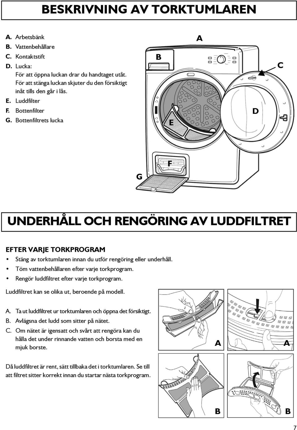 Bottenfiltrets lucka E D G F UNDERHÅLL OCH RENGÖRING AV LUDDFILTRET EFTER VARJE TORKPROGRAM Stäng av torktumlaren innan du utför rengöring eller underhåll.