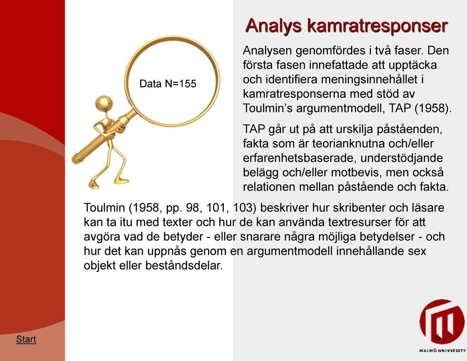 TAP går ut på att urskilja påståenden, fakta som är teorianknutna och/eller erfarenhetsbaserade, understödjande belägg och/eller motbevis, men också relationen mellan