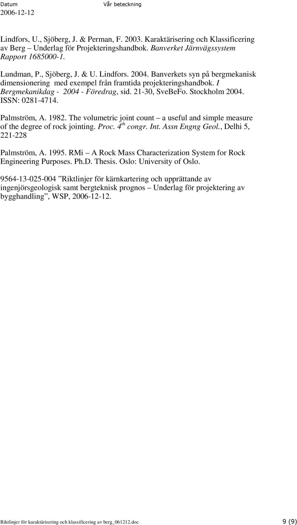 Palmström, A. 1982. The volumetric joint count a useful and simple measure of the degree of rock jointing. Proc. 4 th congr. Int. Assn Engng Geol., Delhi 5, 221-228 Palmström, A. 1995.