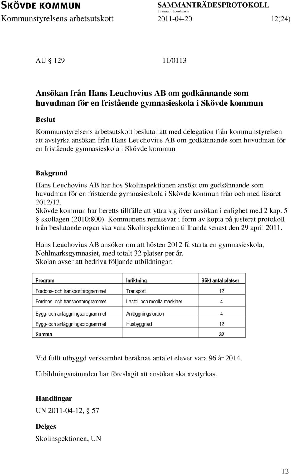 gymnasieskola i Skövde kommun från och med läsåret 2012/13. Skövde kommun har beretts tillfälle att yttra sig över ansökan i enlighet med 2 kap. 5 skollagen (2010:800).
